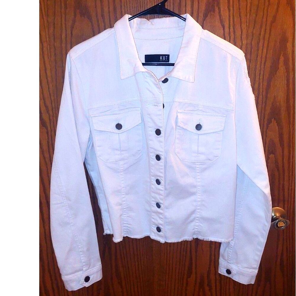 KUT from the Kloth XL White Cropped Jean Jacket Raw Hem Distressed Stretch